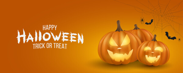 Naklejka premium Happy Halloween cover design. Emotional cartoon 3D pumpkins with evil smile on orange background. Trick or treat. Spiders weave webs. Vector illustration. EPS 10.