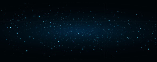 Abstract magical dust with flying lights bokeh on black background. Stardust glowing in the night. Light effects. Black outer space. Vector illustration. EPS 10.