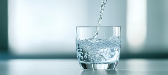 Clear Water Being Poured into Glass with blurred background