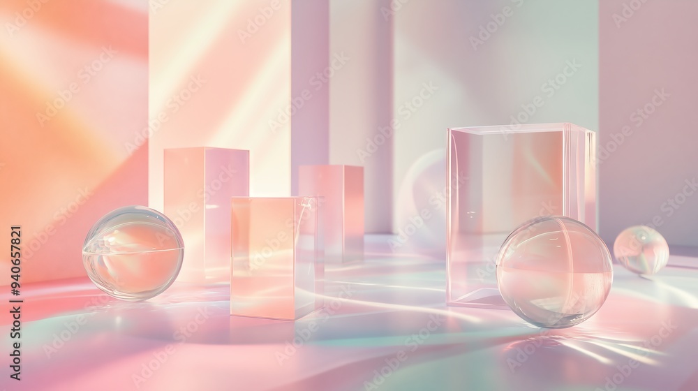 Poster geometric shapes float against a pastel backdrop, reflecting light and casting shadows in tranquilit