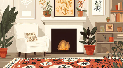 "Cozy Living Room with a Fireplace and Comfortable Armchair, Featuring a Warm and Inviting Atmosphere for Relaxation"

