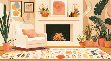 "Cozy Living Room with a Fireplace and Comfortable Armchair, Featuring a Warm and Inviting Atmosphere for Relaxation"

