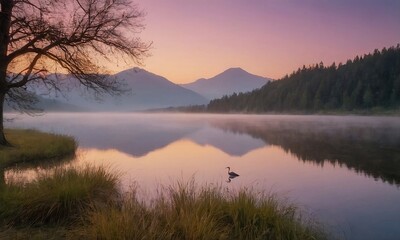 Fototapeta premium Sunset Gradient Reflections on a Serene Lake with a Lone Tree, and Misty Mountains