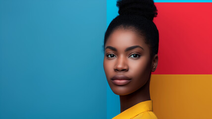 A portrait of a confident woman against vibrant colored backgrounds, showcasing beauty and elegance in a modern setting.