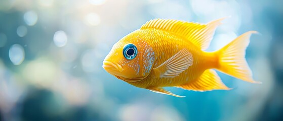  A goldfish, close-up, in a blue-tinted aquarium, under sunlight's embrace, casting warm reflections