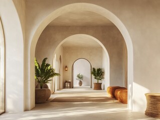 Boho Mediterranean home entryway with arched walls
