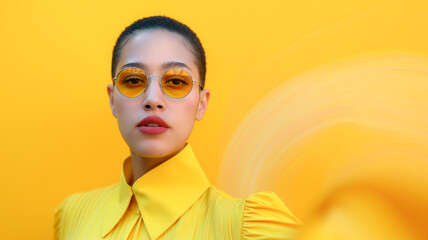 A stylish woman in yellow attire poses confidently against a vibrant yellow background, showcasing modern fashion and elegance.