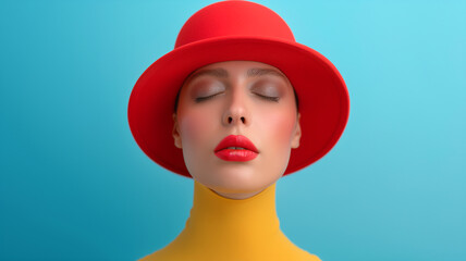 A stunning woman in a vibrant red hat, showcasing a minimalistic beauty against a bright blue background.
