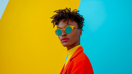 Vibrant portrait of a stylish individual wearing colorful sunglasses against a bold geometric background.