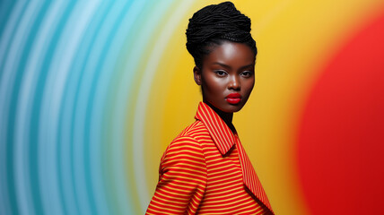 A striking portrait of a woman with bold makeup and hairstyle, standing against a vibrant, colorful background.