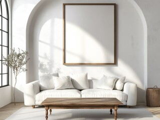 Fototapeta premium Grunge coffee table with art deco white sofa and arched window in minimalist living room