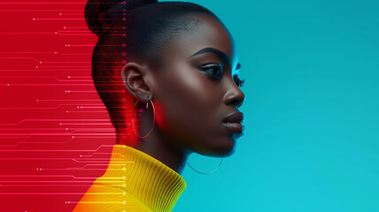 Modern profile portrait of a woman with vibrant colors and digital elements, showcasing beauty and creativity.