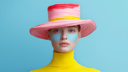 Fashionable portrait featuring a model with a colorful hat and artistic makeup, showcasing vibrant colors against a blue backdrop.