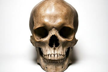 Fototapeta premium Realistic Human Skull on White Background with Dramatic Lighting