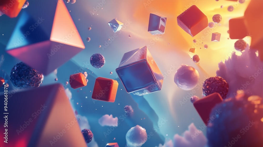 Poster geometric shapes float in a surreal landscape with vibrant colors, inviting viewers into an enchanti