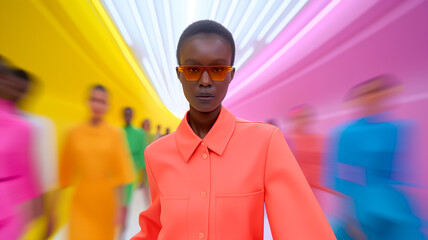 Vibrant fashion model in neon attire walks through a colorful runway, showcasing dynamic style and contemporary elegance.