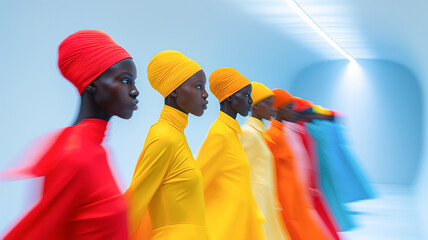 Vibrant runway scene featuring models in colorful attire, showcasing bold fashion and cultural expression in a modern setting.