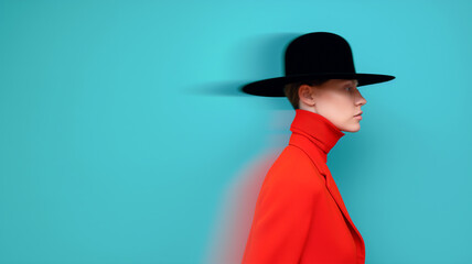 A stylish model in a red outfit and wide-brimmed black hat poses against a vibrant blue background, showcasing modern fashion.