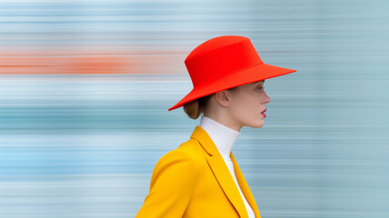 A stylish woman in a vibrant yellow outfit and striking red hat confidently walks, embodying fashion and motion.