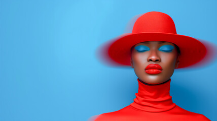 A stunning woman in a vibrant red outfit and hat against a bright blue background, exuding confidence and style.