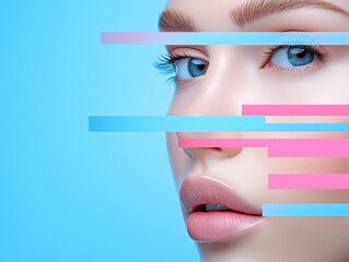 Close-up of a woman's face with artistic geometric lines. The vibrant colors enhance her features against a blue background.