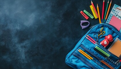 A blue backpack filled with colorful stationery and school supplies on a textured surface.