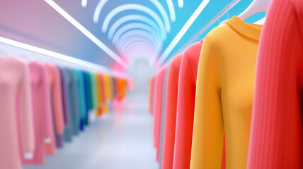 Colorful clothing display showcasing vibrant sweaters in a modern retail environment with dynamic lighting.