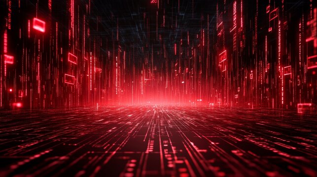 Digital Rain: Red glowing lines cascade down a futuristic cityscape, creating a mesmerizing and abstract backdrop for tech, innovation, and the digital age. 