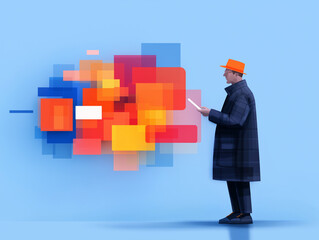 A man in a stylish coat and hat interacts with vibrant abstract shapes, conveying creativity and innovation.