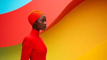 A striking portrait of a woman in vibrant colors, showcasing fashion, beauty, and cultural expression against a colorful backdrop.