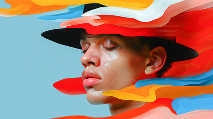 A vibrant portrait featuring a stylish individual adorned with a hat, surrounded by colorful abstract swirls.