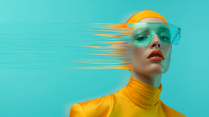 A vibrant portrait of a model in bright yellow attire with a futuristic look, set against a smooth turquoise backdrop.