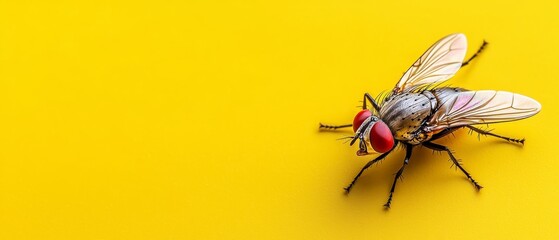  A fly perches on a yellow expanse; its back end sports a red mark, while its wings' tips bear black spots