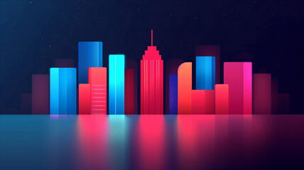 A vibrant abstract city skyline with colorful shapes and reflections, ideal for modern design and technology themes.