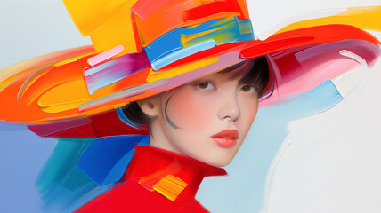A vibrant portrait of a woman in a colorful hat, showcasing bold artistic expression and modern fashion aesthetics.