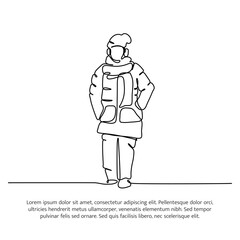 Continuous line design of a young man on holiday in winter. Single line decorative element drawn on white background.