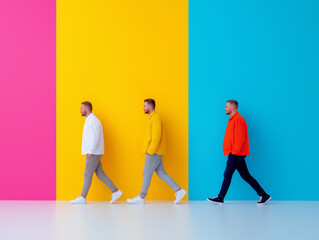 Three men walk confidently in front of vibrant colored walls, showcasing modern fashion and lively expressions.
