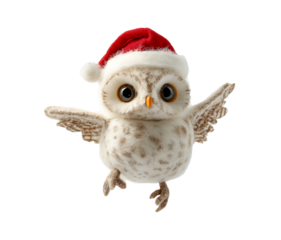 photo of a soft cotton Christmas owl doll with fluffy texture floating in mid-air on isolated background
