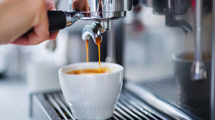 A close-up of a baristaâs hand pulling a shot of espresso from a modern coffee machine
