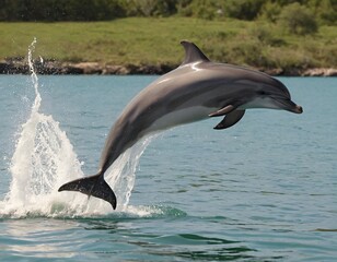 Obraz premium A graceful dolphin leaping out of the water. Ai generated image