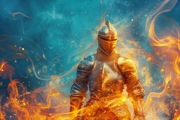 A futuristic reimagining of a chivalrous knight in hightech armor, defending a digitally enhanced medieval stronghold, Futuristic, 3D Rendering