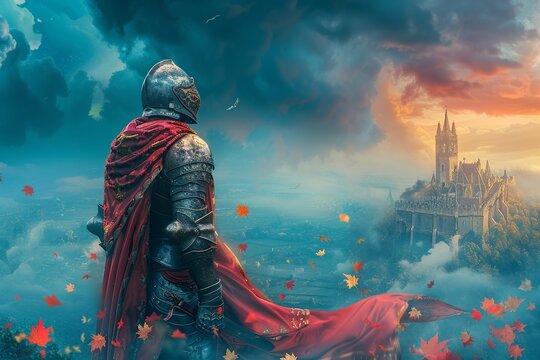A futuristic reimagining of a chivalrous knight in hightech armor, defending a digitally enhanced medieval stronghold, Futuristic, 3D Rendering