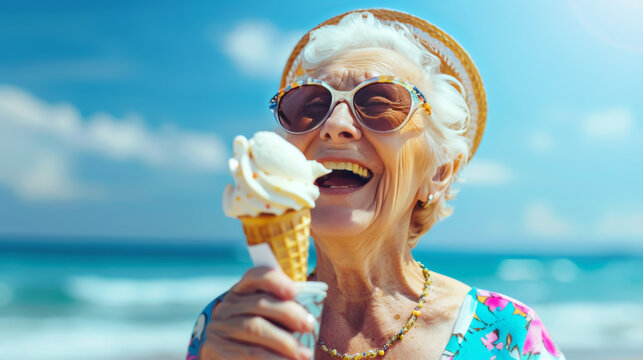 Joyful senior woman enjoying ice cream on a sunny beach