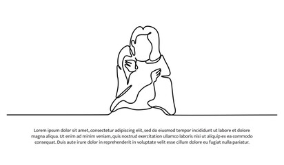 Continuous line design of a daughter was cold and then covered in a blanket. Single line decorative element drawn on white background.
