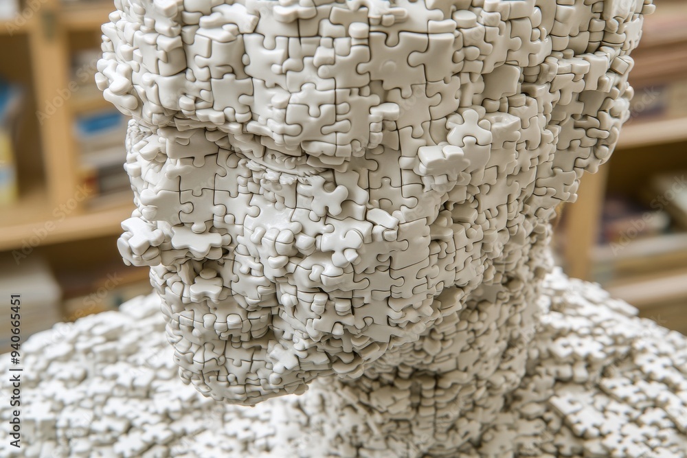Poster abstract sculpture of a human head entirely composed of white puzzle pieces symbolizing the complexi