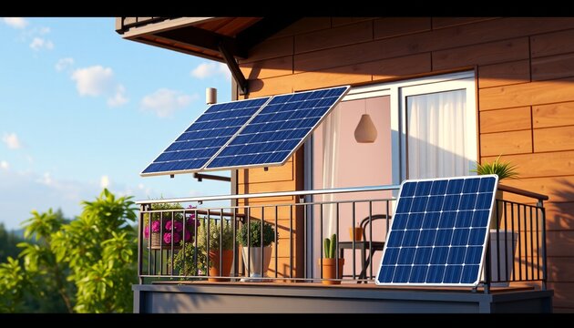 Solar panels are installed on balconies in hard-to-reach areas, depicted with thick layers of oil paint highlighting their complex placement and functionality. The scene shows the panels catching sunl