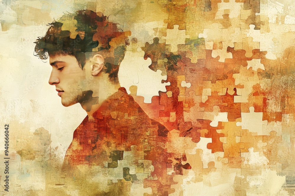 Poster artistic profile of a man dissolving into puzzle pieces symbolizing the fragmentation of thought mem