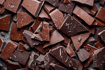 1. Broken chocolate bars, various shades of brown, dark and milk chocolate pieces, geometric patterns on chocolate surface, scattered chocolate chunks, close-up view, rich textures, contrasting light