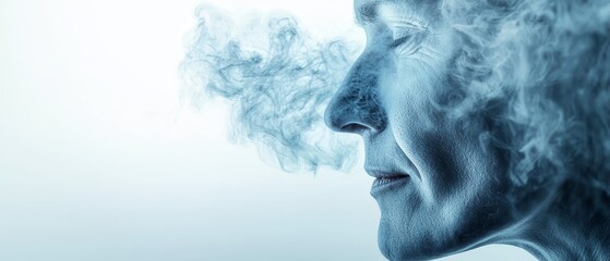 Obraz premium A face in tight focus with smoke ascending from stack tops