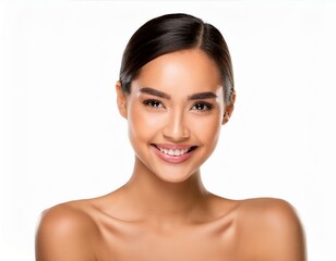 Obraz premium A captivating photo of a woman's face with glowing, healthy skin, isolated on a white background, highlighting her pure and flawless complexion